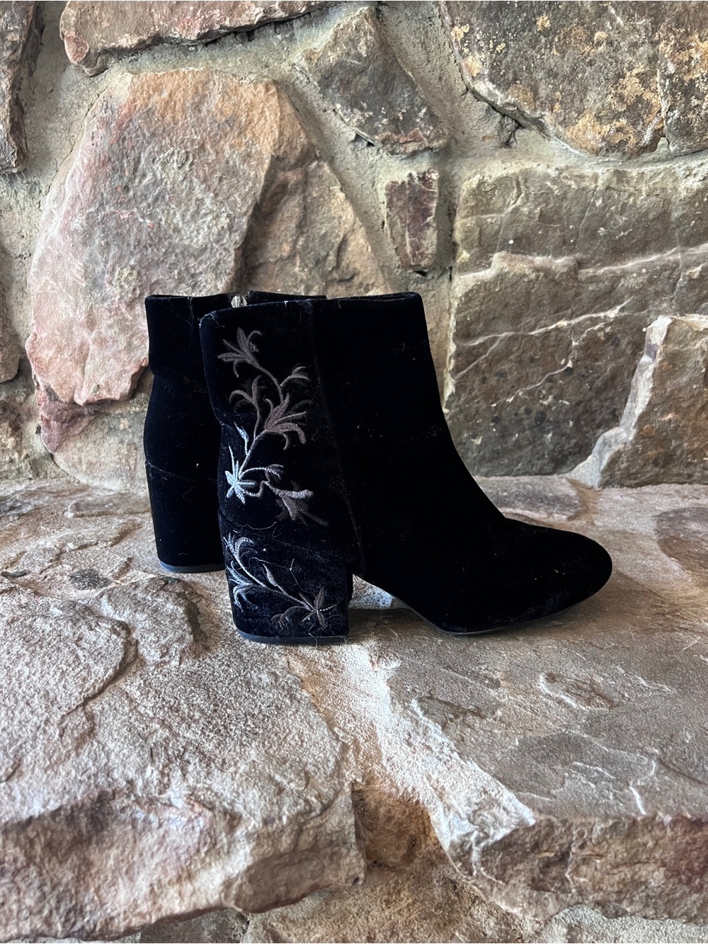 Kenneth Cole Renna Black Velvet Ankle Boots with Floral Embroidered Block Heel
